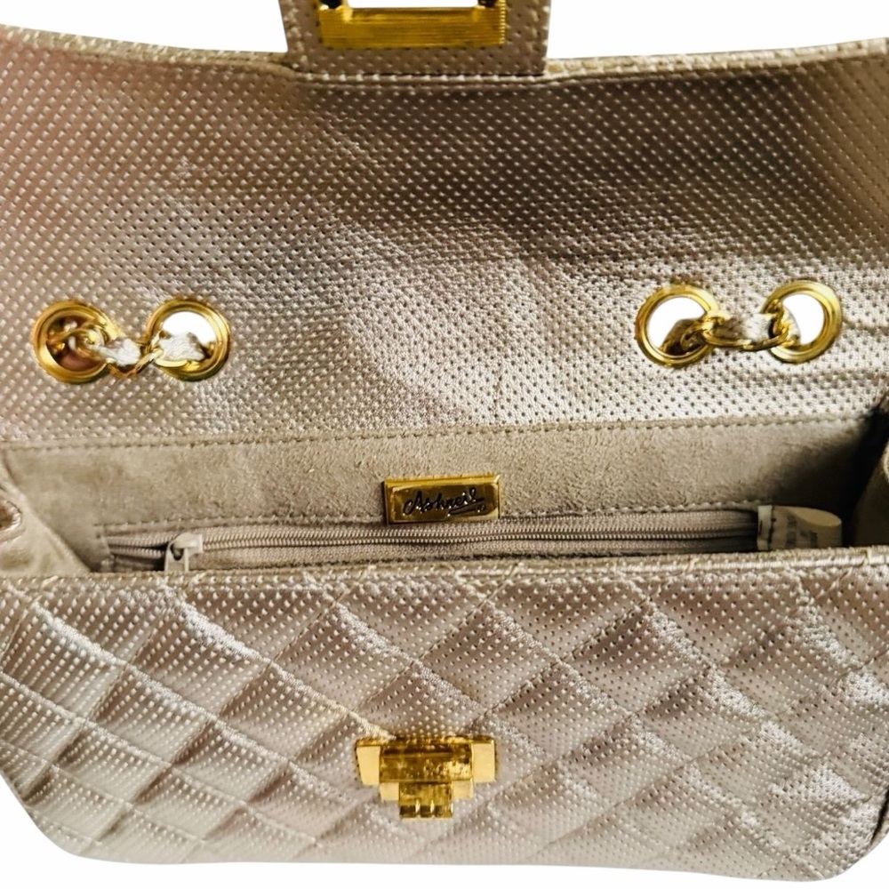 Ashneil Metallic Champagne Gold Quilted Perforated Flap Leather Shoulder Bag - Picture 8 of 11